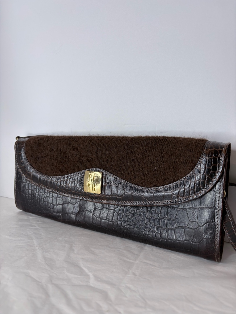 Vintage Brown Croc-Embossed Leather and Alpaca Clutch with Gold logo by PFYH